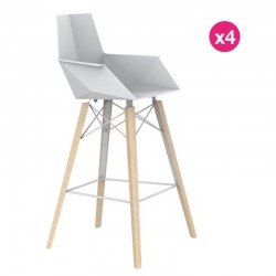 Set of 4 Vondom Faz Wood1 white bar stools with bleached oak feet and armrests