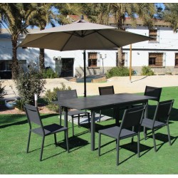 Tuinmeubelen Parasol met uitschuifbare tafel HPL130-180 Palma Aluminium Antraciet en 6 Hevea Stoelen